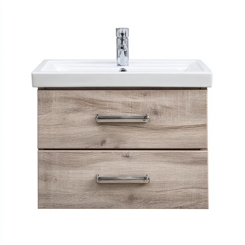 Mobile lavabo 60×45×57 cm - rovere chiaro e bianco - sospeso dal profilo moderno