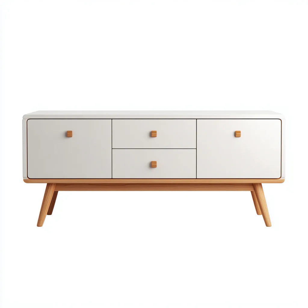 Mobile TV 120×40×55 cm - legno ingegnerizzato bianco crema e legno chiaro - per soggiorno stile nordico