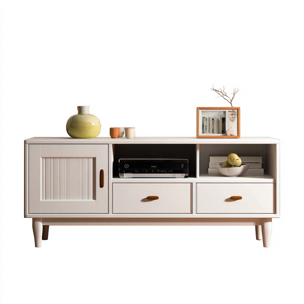 Mobile TV 145×38×52 cm - bianco e legno naturale - stile essenziale per soggiorno
