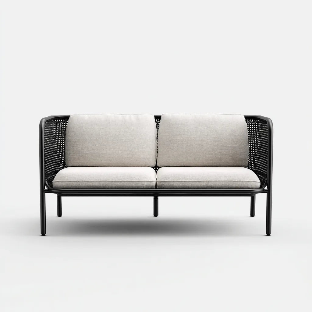 Divano da esterno 160×73×80 cm in metallo nero e tessuto beige - intreccio laterale moderno